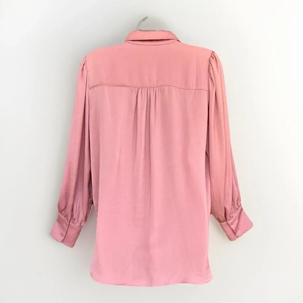 Banana Republic Pink Satin Blouse Size Med V-Neck Pleated Puff Long Sleeve Top